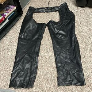 Leather riding chaps with zip legs and adjustable belt top